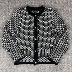 Tahari Jacket Womens Large Knit Fringe Blazer Career Business Preppy Black White